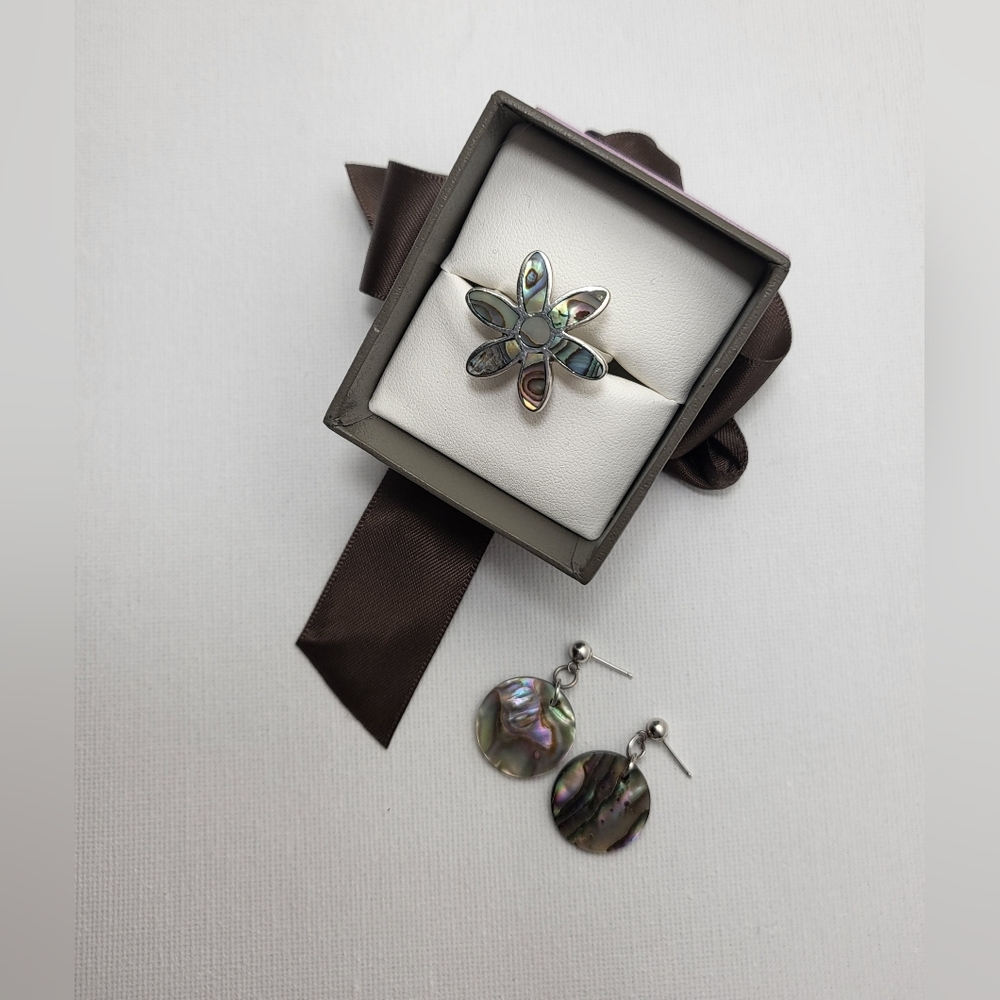 Abalone & .925 Sterling Earrings + Ring